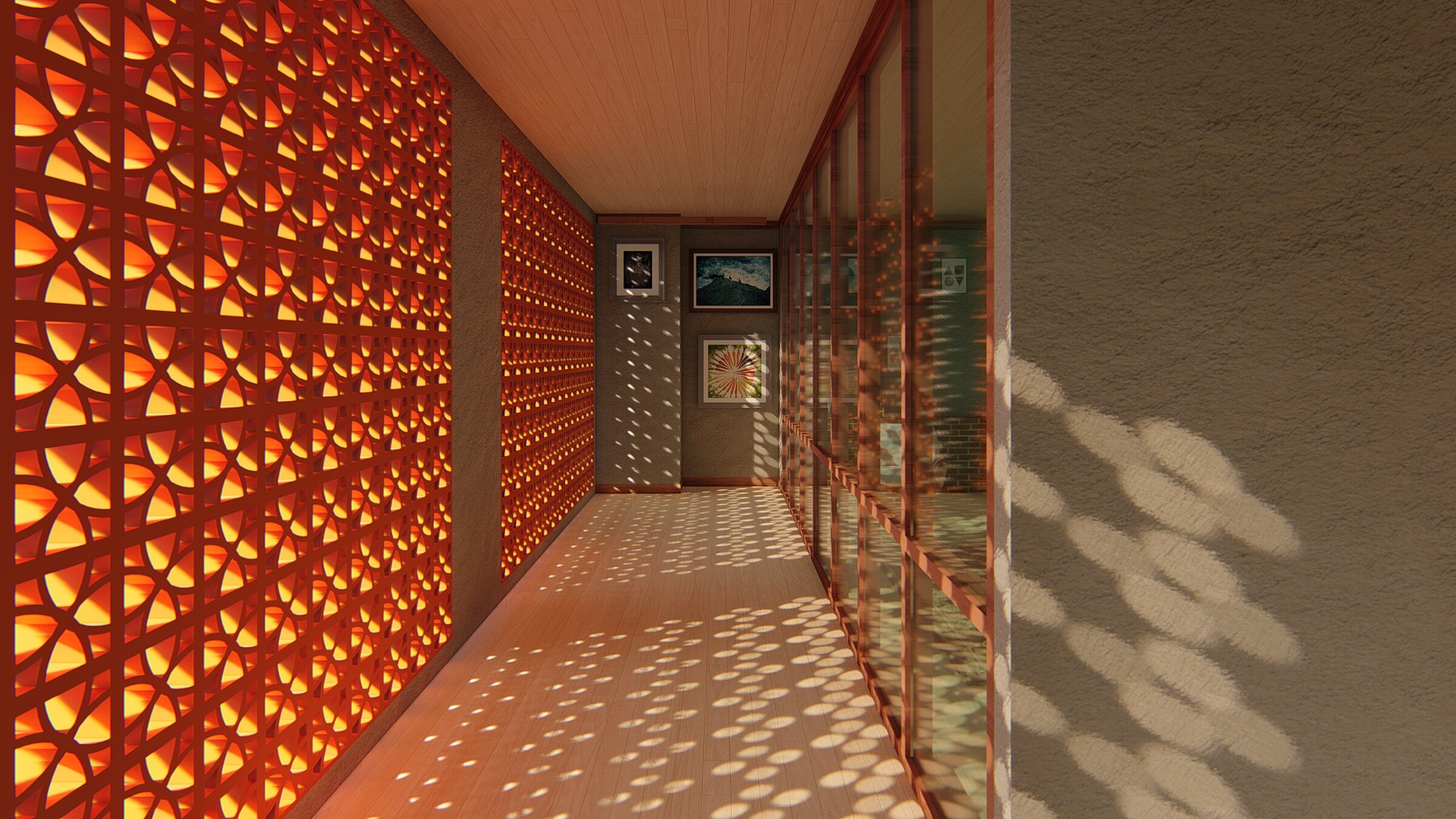 Coworking Space corridor with perforated screens and patterned sunlight