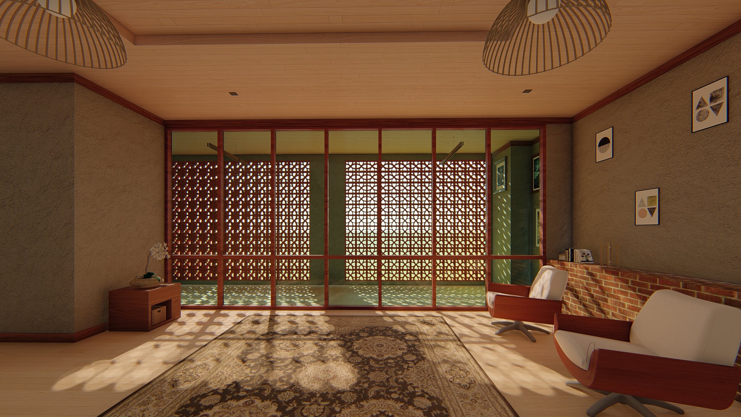 Coworking Space lounge with patterned screens and warm interior materials
