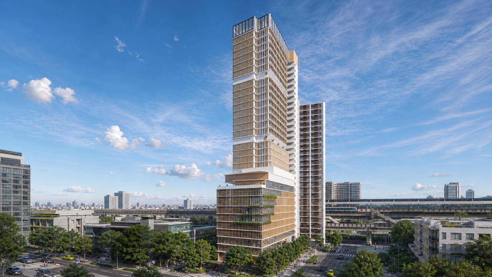 Hospital tower exterior within its urban context