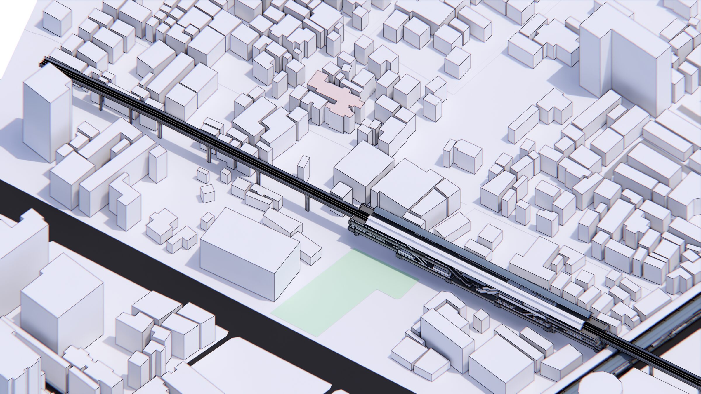 Hospital site analysis model showing the surrounding transit line