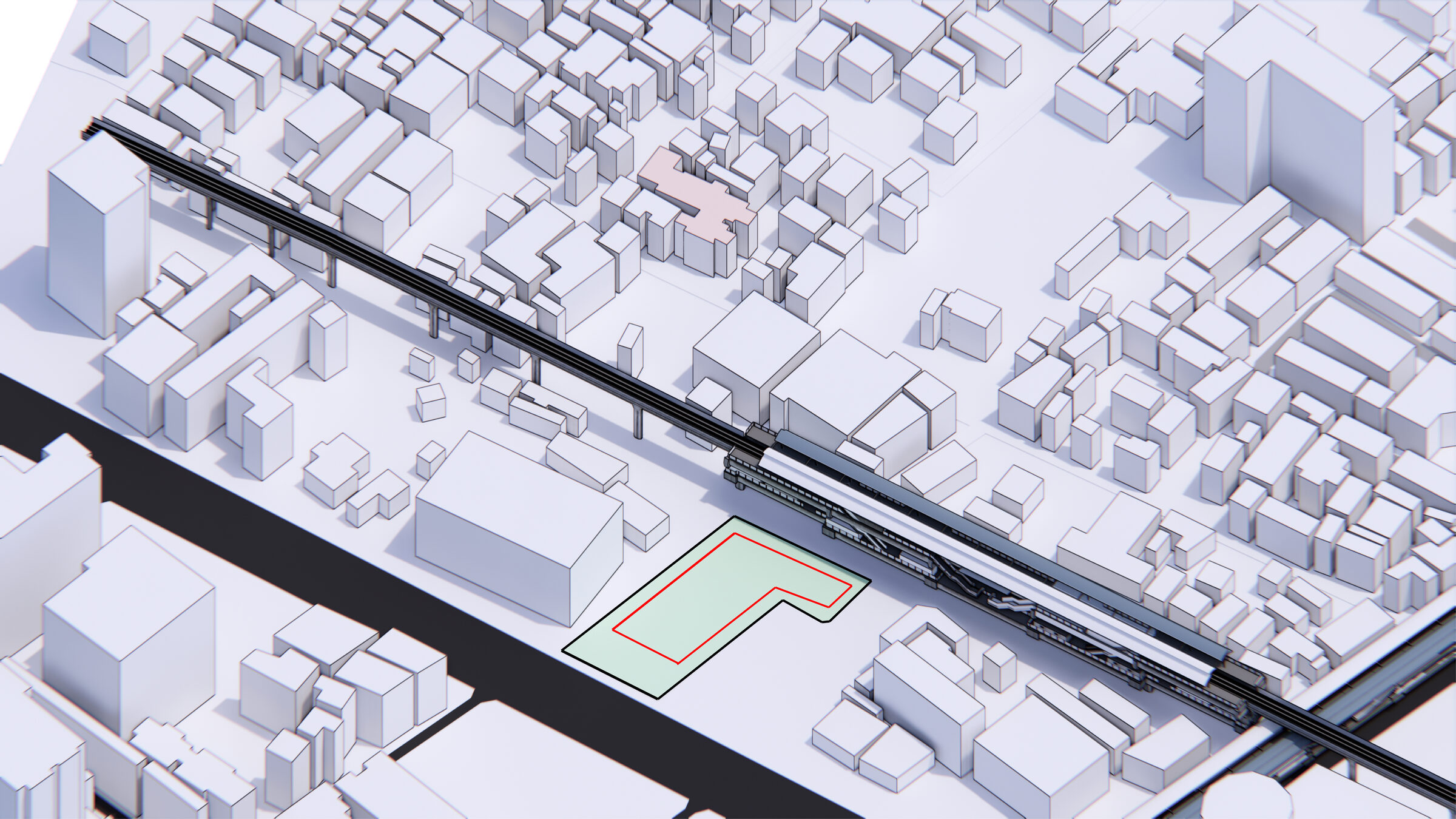 Hospital site footprint study highlighted in the urban model