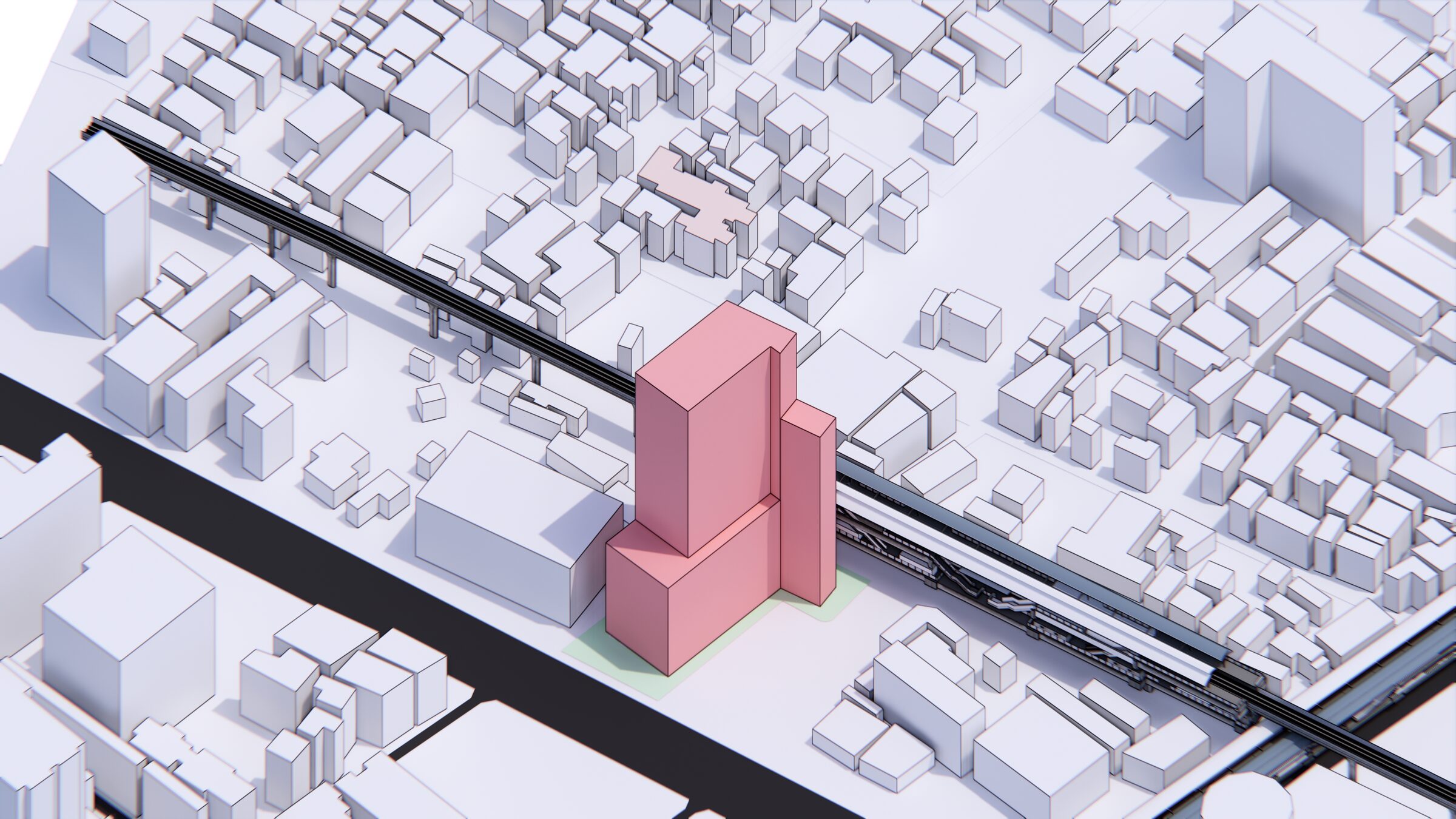 Refined hospital podium and tower massing study