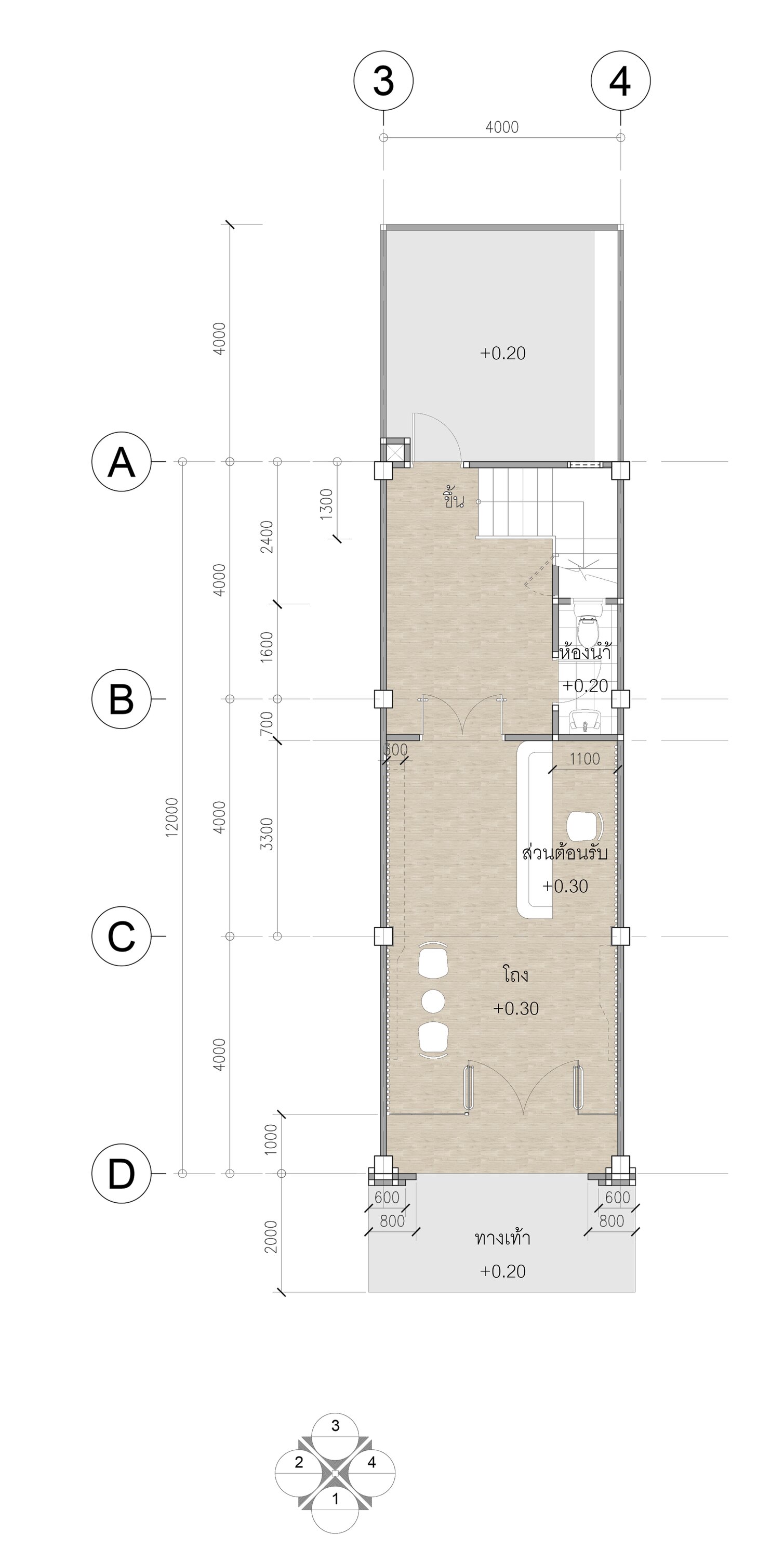 Office first-floor plan showing the entrance lobby, reception, stair, restroom, and rear service area
