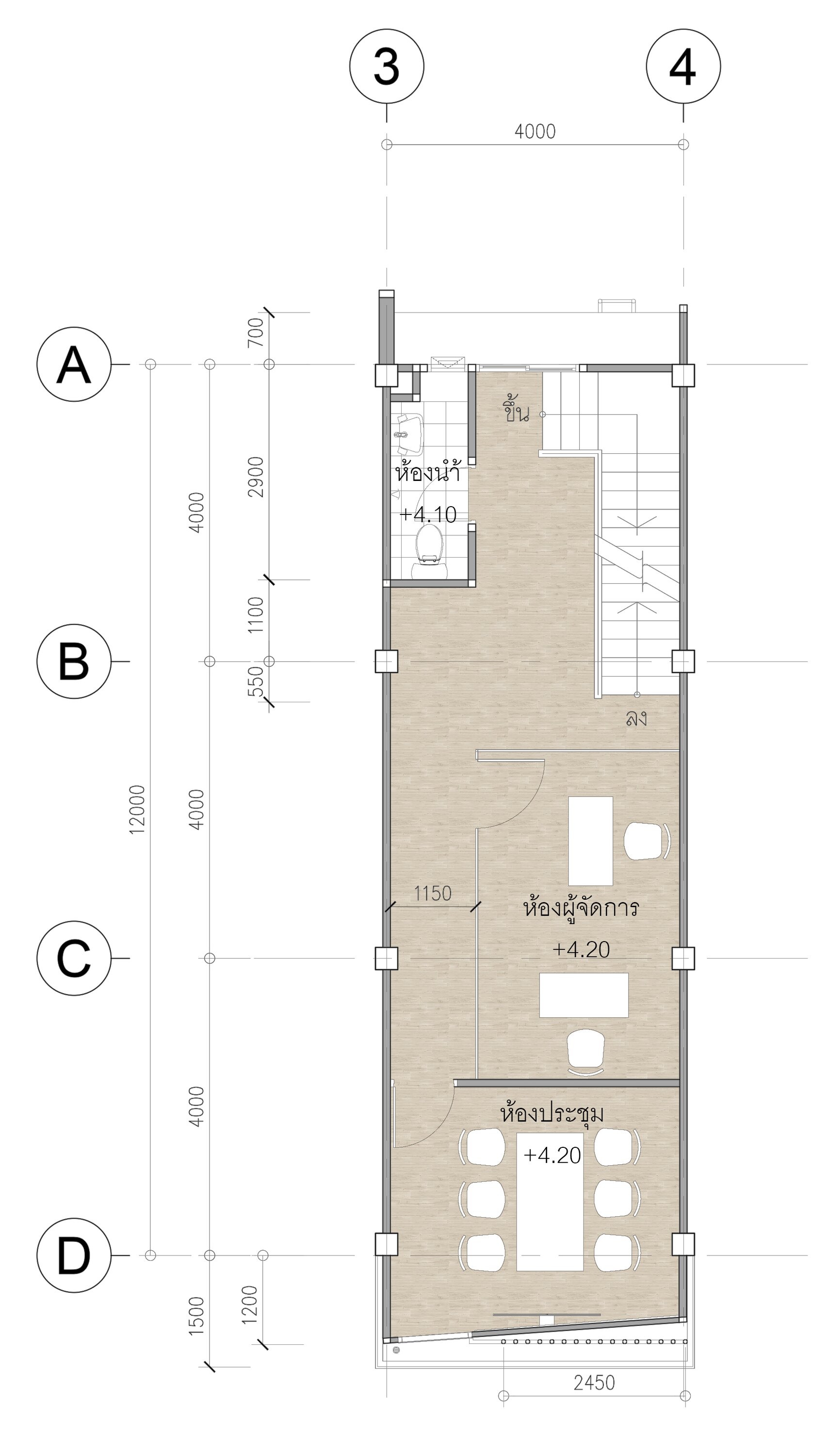 Office second-floor plan showing the manager room, meeting room, stair, and restroom