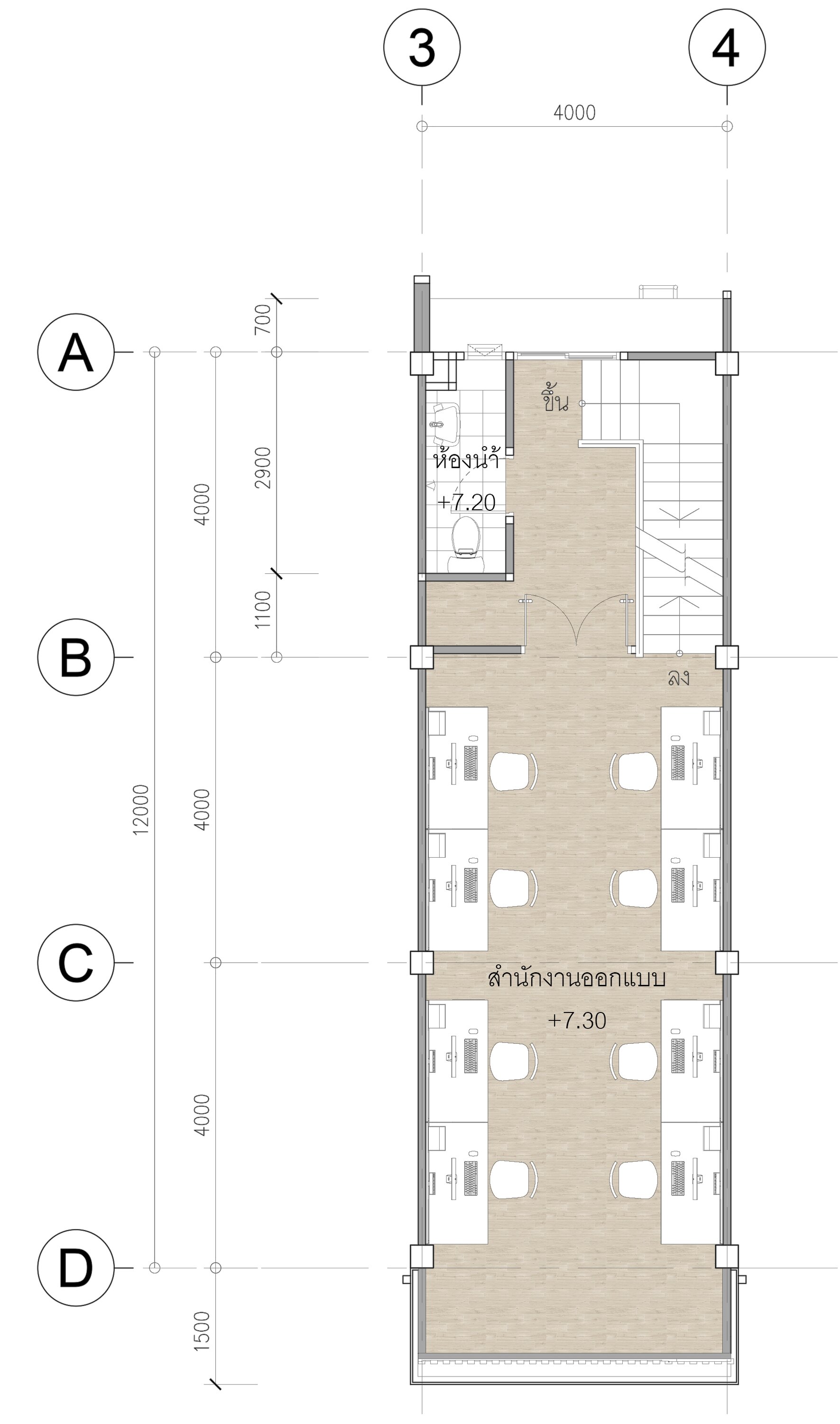 Office third-floor plan showing the open design studio, workstations, stair, and restroom