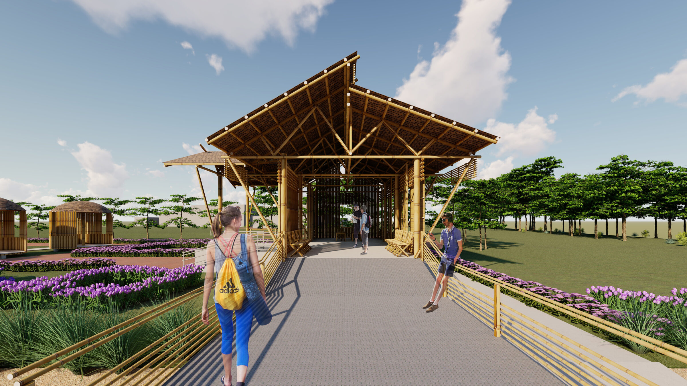 Approach view toward the bamboo pavilion entrance and accessible ramp at the ท่าเรือ project