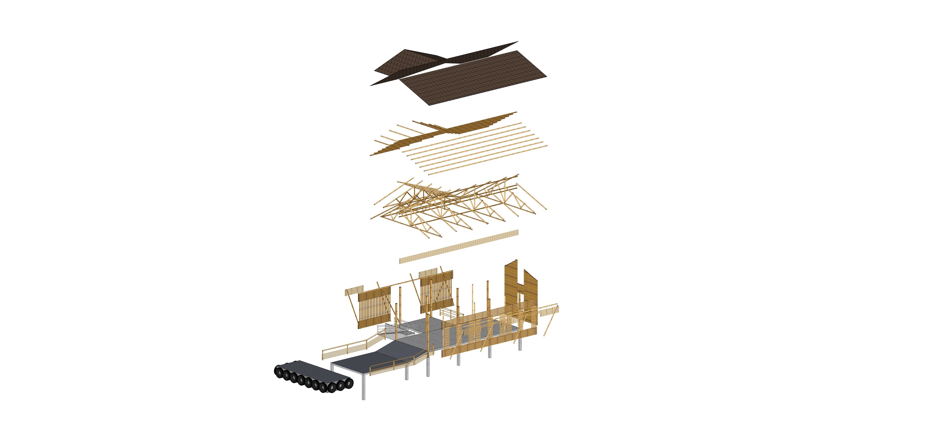 Exploded axonometric diagram of the bamboo pavilion structure, screens, roof framing, and finishes