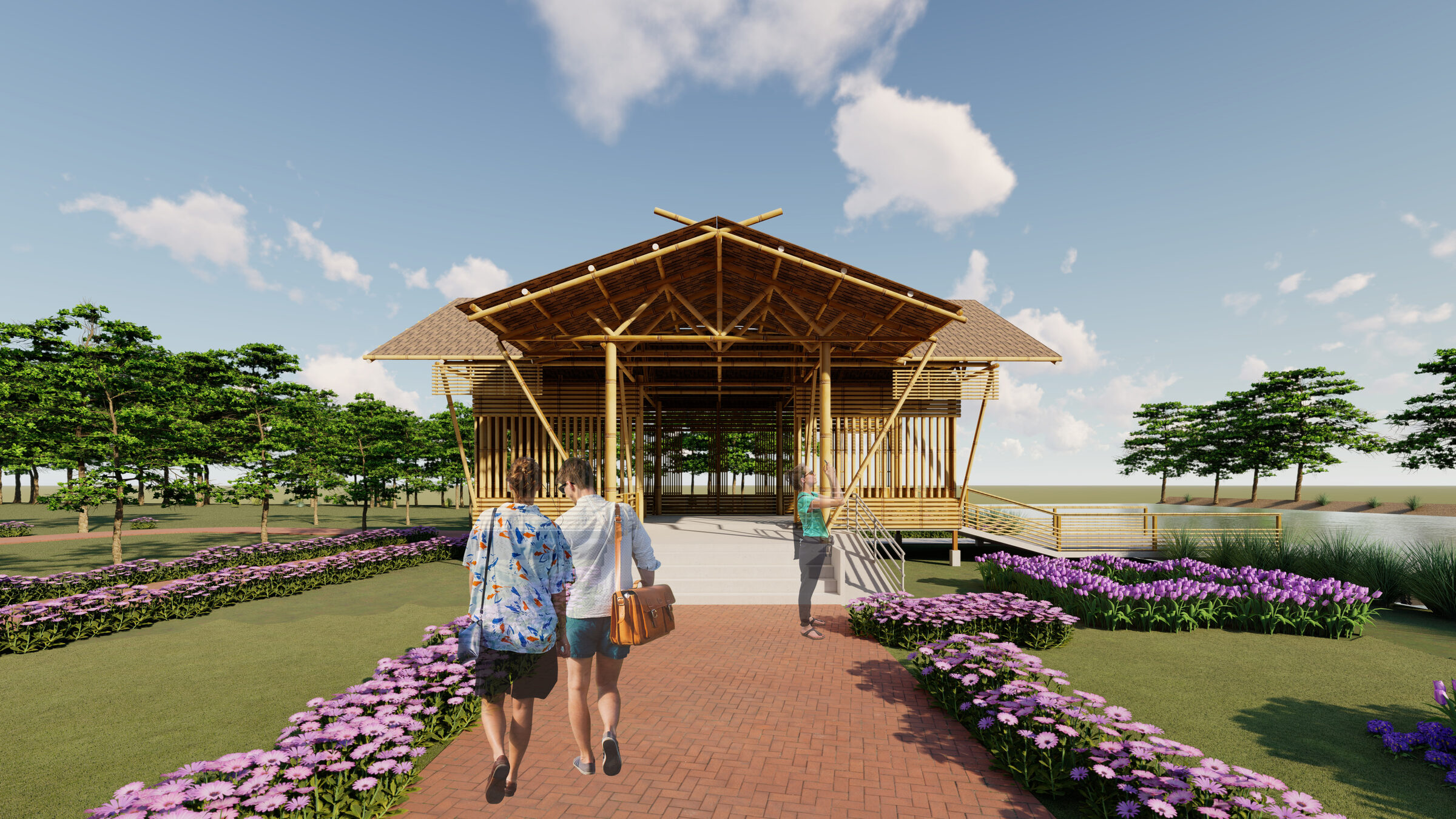 Front view of the bamboo waterfront pavilion and landscaped entrance at the ท่าเรือ project