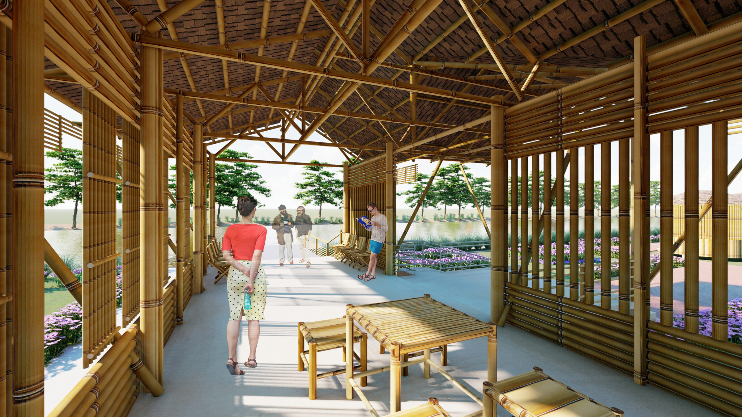 Interior perspective of the open-air bamboo pavilion overlooking the waterfront