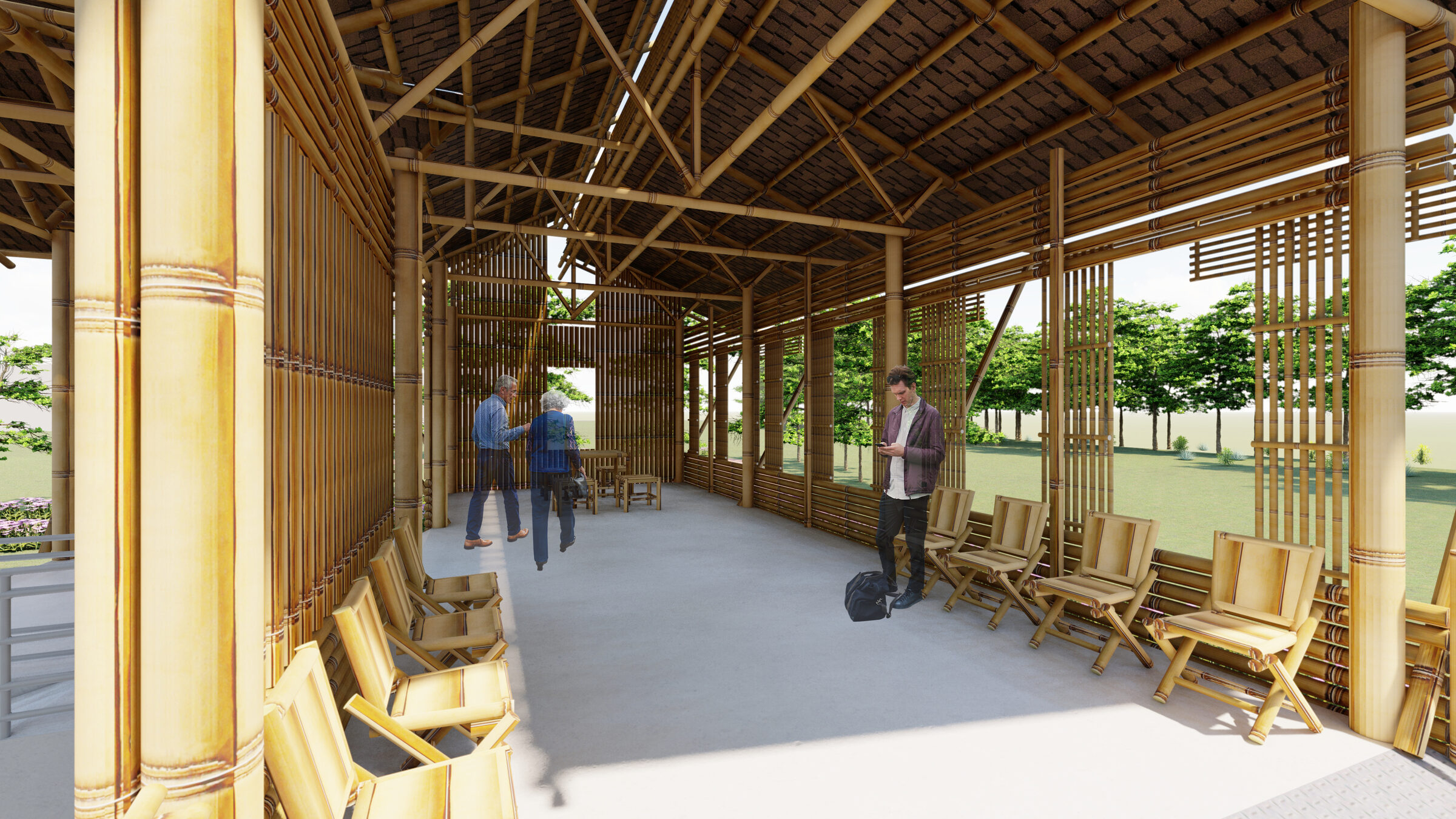 Interior seating area with bamboo screens and exposed roof structure at the ท่าเรือ project