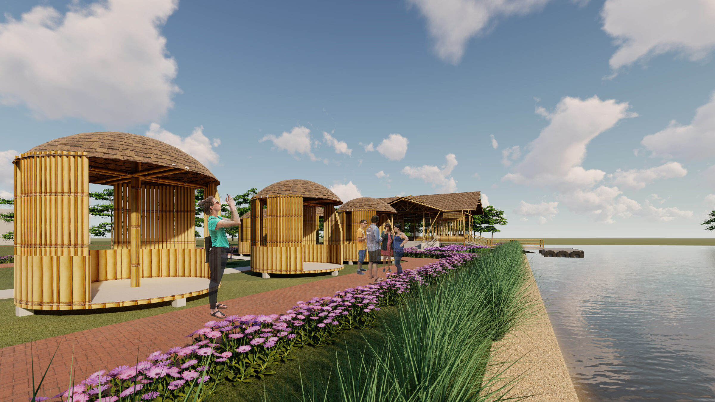 Bamboo market stalls along the landscaped waterfront walkway at the ท่าเรือ project