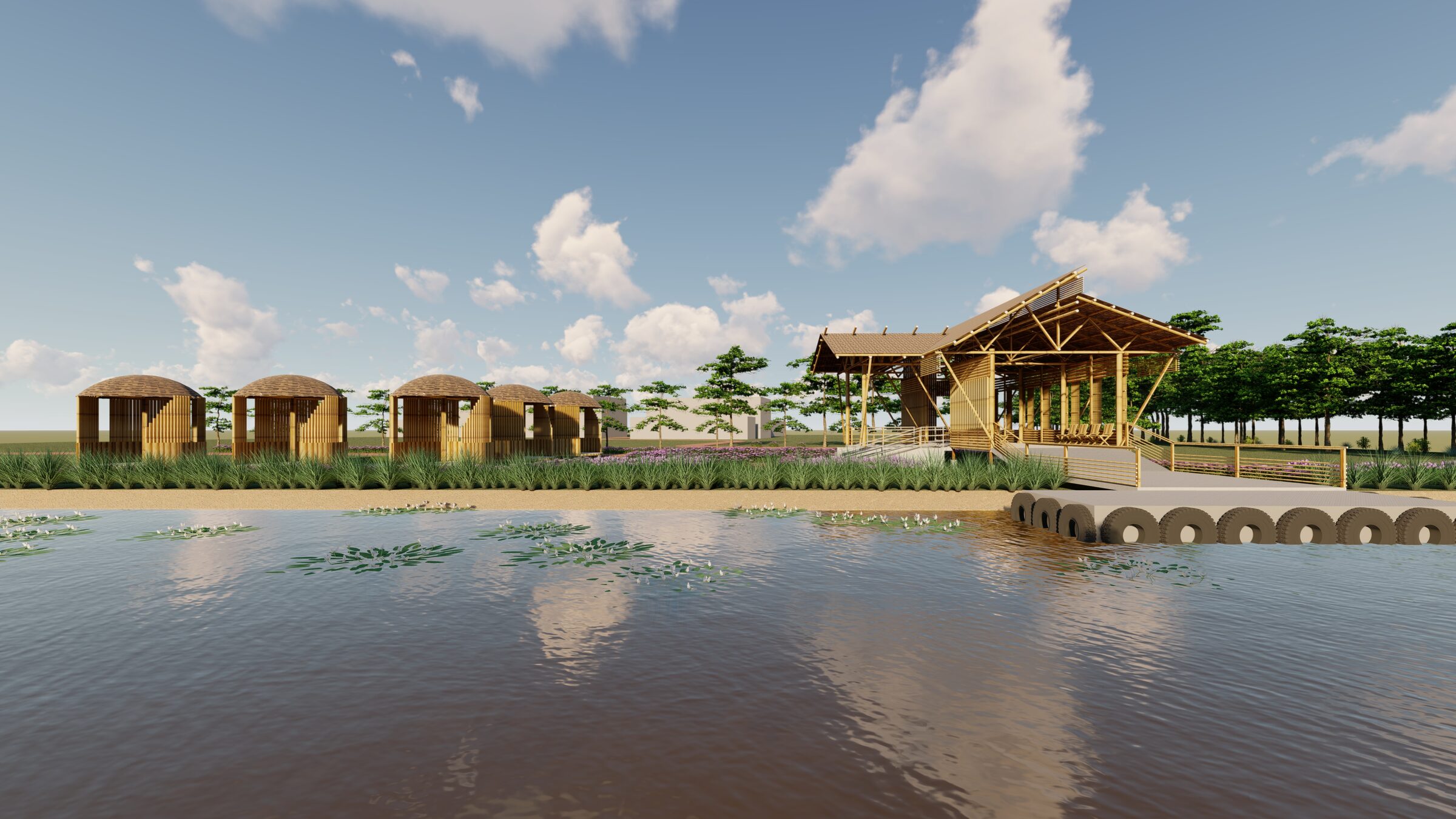 Wide waterfront view of the bamboo pavilion, market stalls, and floating pier