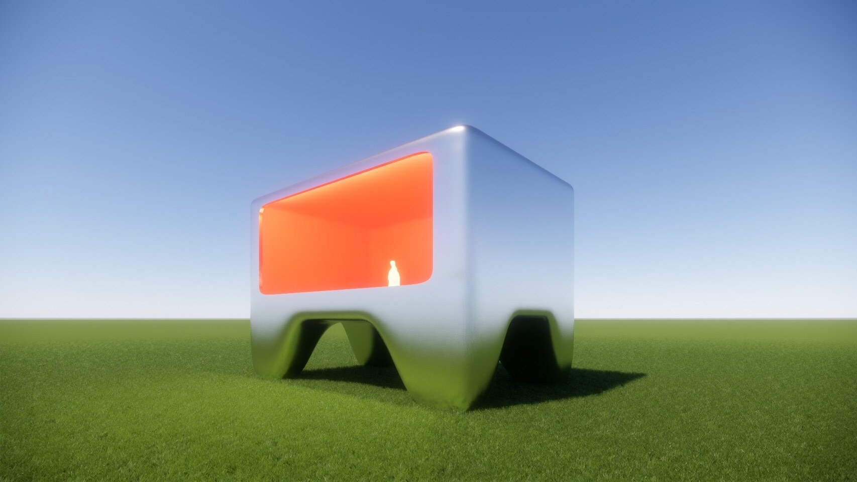 UFO concept architecture viewed from an angle, featuring a rounded metallic volume raised above the landscape and a luminous orange opening