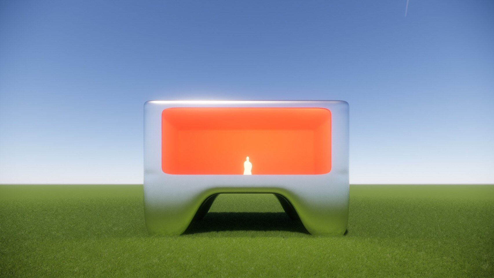 Front view of the UFO concept architecture with a floating metallic form and a large glowing orange interior opening